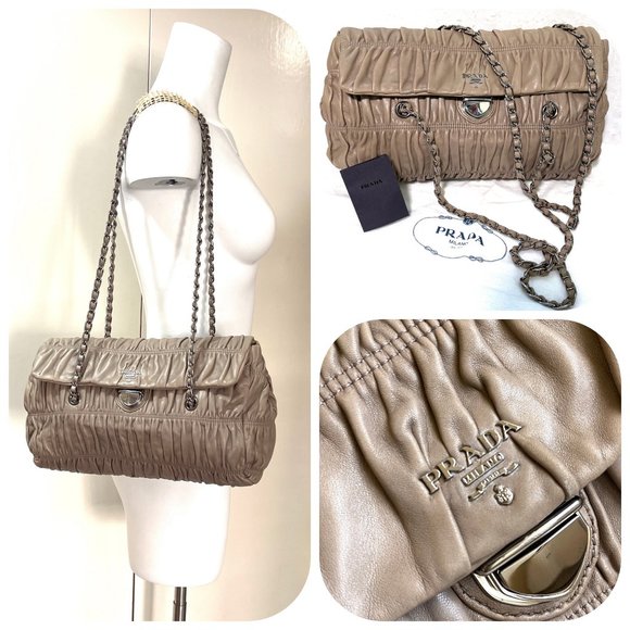 Auc Prada lambskin Gaufre Leather Chain Flap Bag In Nude - Picture 1 of 15